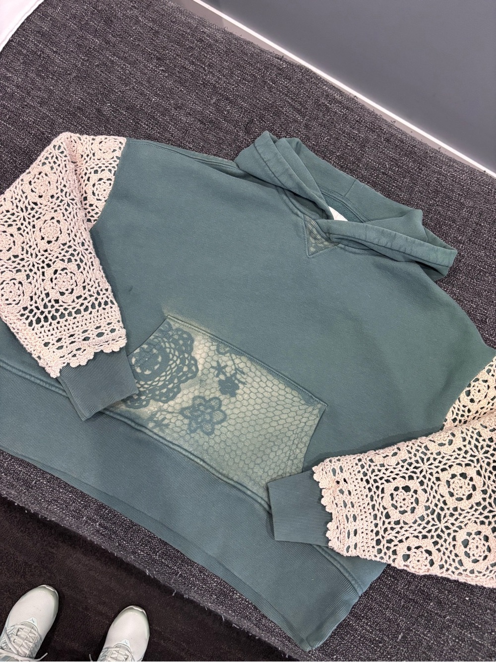 Green Abercrombie Hoodie with Crochet Sleeves